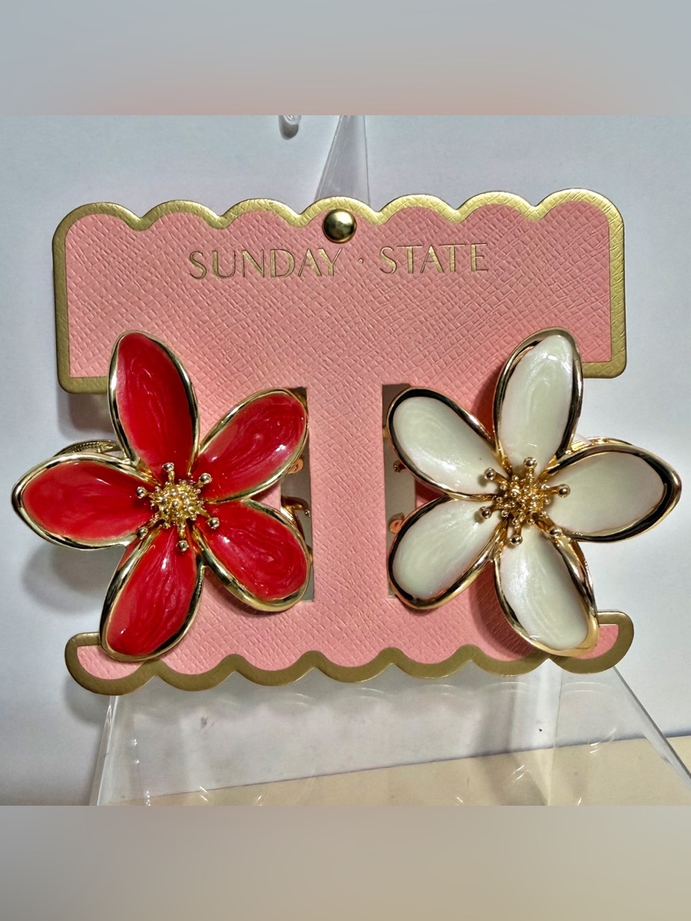 NEW Sunday State Metal Hair Clips Set of 2  Tropical Flowers Red & White Gold